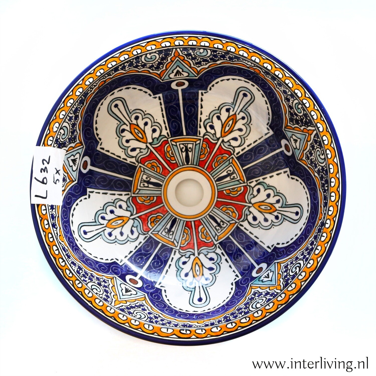 Marokkaanse waskom met gekleurde patronen "Oujda" large (nr L632) - aardewerk (opbouw) wasbak uit Fez - Ø 40 cm
