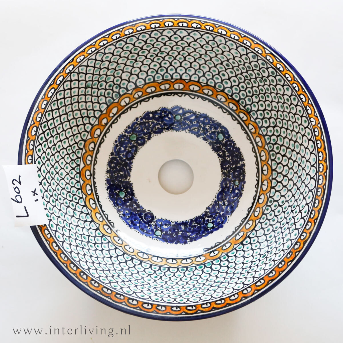 Marokkaanse waskom met gekleurde patronen (nr L602) - aardewerk (opbouw) wasbak uit Fez - Ø 40 cm