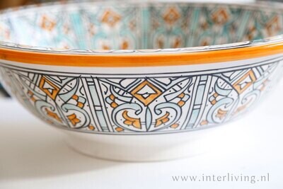 Marokkaanse waskom met gekleurde patronen oranje/aqua (nr L607) - aardewerk (opbouw) wasbak uit Fez - Ø 40 cm