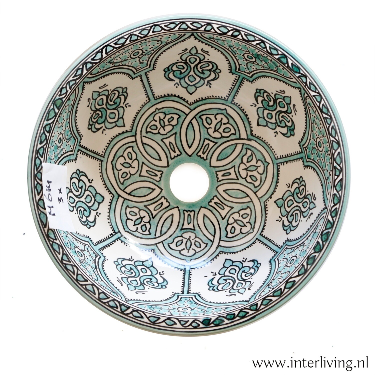 Marokkaanse waskom met aqua Boho patronen (nr M614) - aardewerk (opbouw) wasbak uit Fez - Ø 35 cm