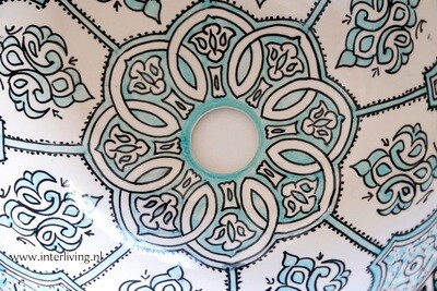 Marokkaanse waskom met aqua Boho patronen (nr M614) - aardewerk (opbouw) wasbak uit Fez - Ø 35 cm