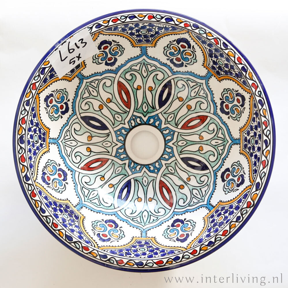 Marokkaanse waskom met gekleurde patronen (nr L613) - aardewerk (opbouw) wasbak uit Fez - Ø 40 cm