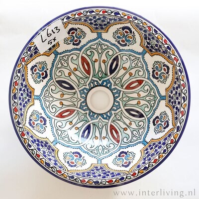 Marokkaanse waskom met gekleurde patronen (nr L613) - aardewerk (opbouw) wasbak uit Fez - Ø 40 cm