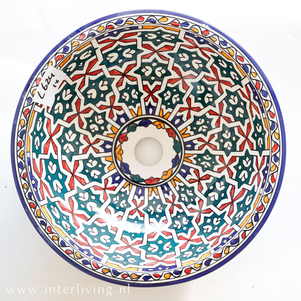 Marokkaanse waskom met gekleurde patronen (nr L624) - aardewerk (opbouw) wasbak uit Fez - Ø 40 cm
