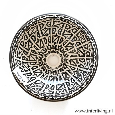 Marokkaanse waskom rond - geometrisch Marrakesh patroon - zwart wit Riad style "M600" - aardewerk (opbouw) wasbak medium Ø 35 cm