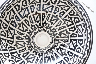 Marokkaanse waskom rond - geometrisch Marrakesh patroon - zwart wit Riad style "M600" - aardewerk (opbouw) wasbak medium Ø 35 cm