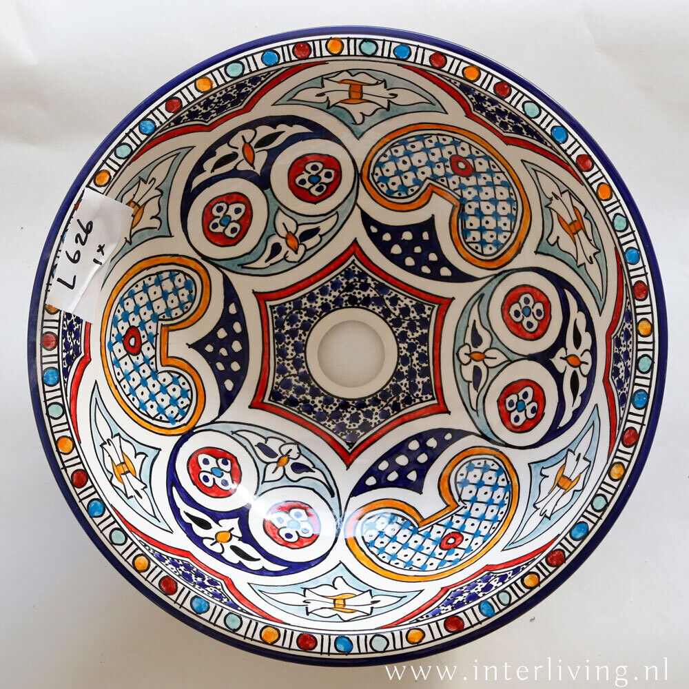 Marokkaanse waskom met gekleurde patronen (nr L626) - aardewerk (opbouw) wasbak uit Fez - Ø 40 cm