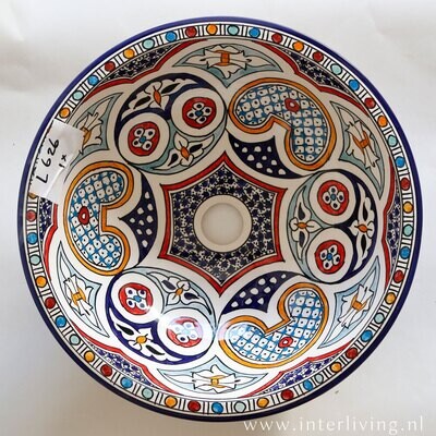 Marokkaanse waskom met gekleurde patronen (nr L626) - aardewerk (opbouw) wasbak uit Fez - Ø 40 cm