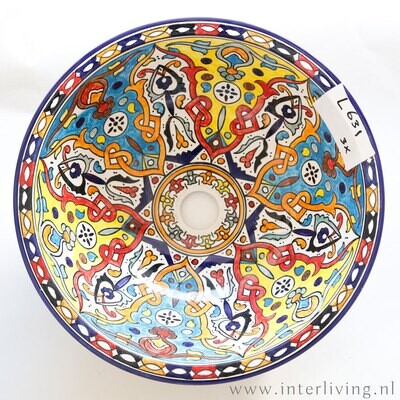 Marokkaanse waskom met gekleurde Mexicaanse patronen (nr L631) - aardewerk (opbouw) wasbak uit Fez - Ø 40 cm