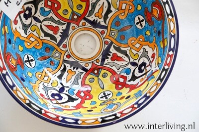 Marokkaanse waskom met Mexicaanse Frieda Kahlo patronen (nr M613) - aardewerk (opbouw) wasbak uit Fez - Ø 35 cm