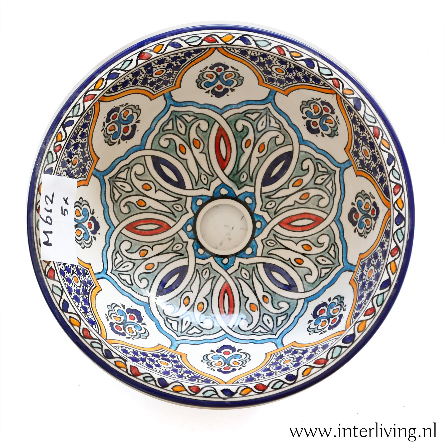 Marokkaanse waskom met Marrakesh Riad style patronen (nr M612) - aardewerk (opbouw) wasbak uit Fez - Ø 35 cm