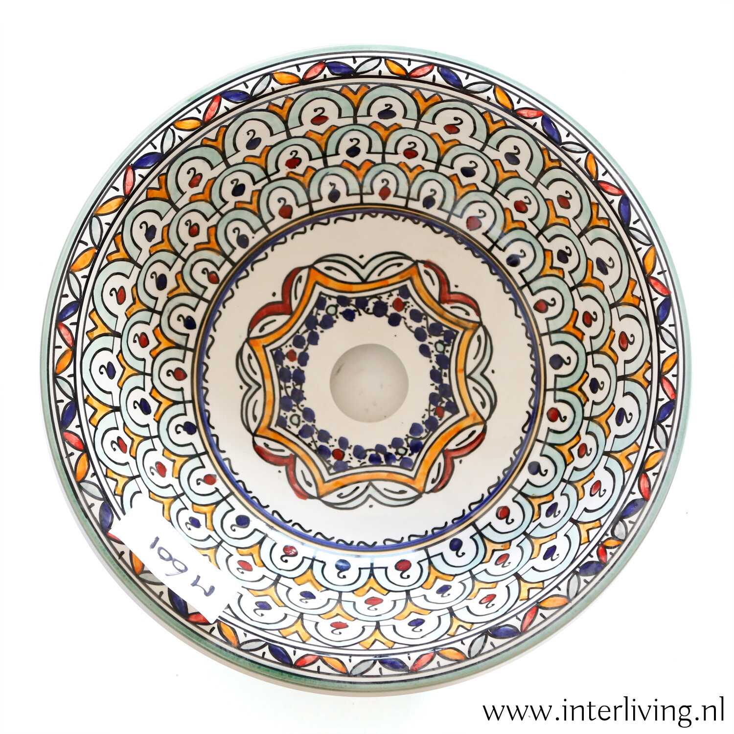 Marokkaanse waskom voor badkamer wastafel - kleurrijke patronen (nr M601) - aardewerk (opbouw) wasbak uit Fez - Ø 35 cm