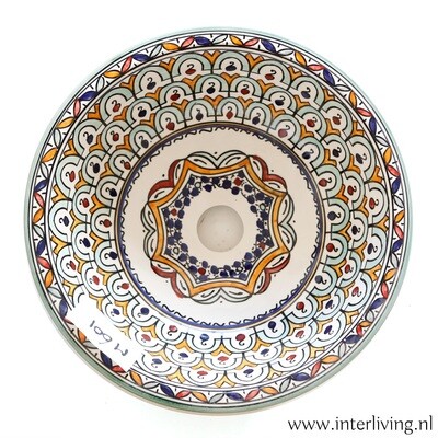 Marokkaanse waskom voor badkamer wastafel - kleurrijke patronen (nr M601) - aardewerk (opbouw) wasbak uit Fez - Ø 35 cm