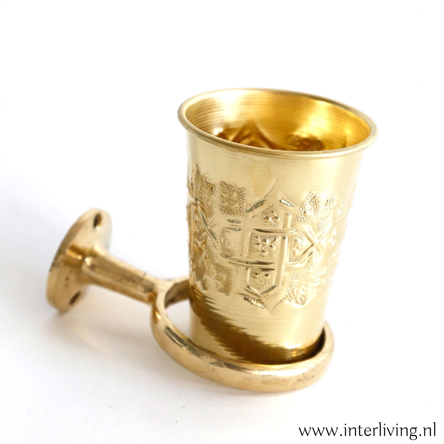 tandenborstelbeker van gegraveerd messing met bekerhouder voor badkamer: luxe wellness / hamam style badkameraccessoire in vintage goud metaal