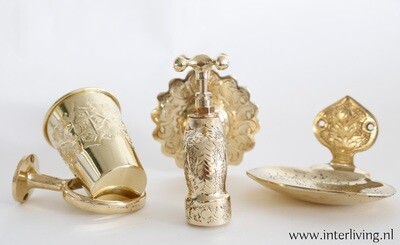 tandenborstelbeker van gegraveerd messing met bekerhouder voor badkamer: luxe wellness / hamam style badkameraccessoire in vintage goud metaal