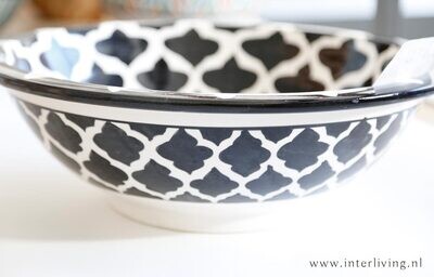 Marokkaanse waskom met zwart witte kleurstelling (nr L610) - aardewerk (opbouw) wasbak uit Fez - Ø 40 cm