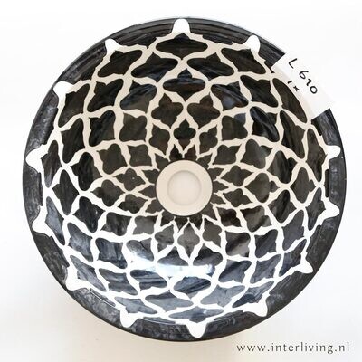 Marokkaanse waskom met zwart witte kleurstelling (nr L610) - aardewerk (opbouw) wasbak uit Fez - Ø 40 cm