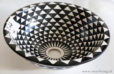 Marokkaanse waskom met zwart witte kleurstelling (nr L616) - aardewerk (opbouw) wasbak uit Fez - Ø 40 cm