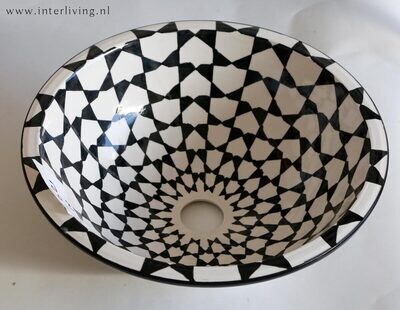 Marokkaanse waskom met zwart witte kleurstelling (nr L621) - aardewerk (opbouw) wasbak uit Fez - Ø 40 cm