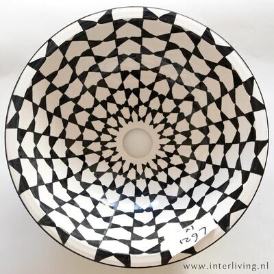 Marokkaanse waskom met zwart witte kleurstelling (nr L621) - aardewerk (opbouw) wasbak uit Fez - Ø 40 cm