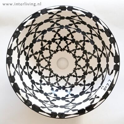 Marokkaanse waskom met zwart witte kleurstelling (nr L628) - aardewerk (opbouw) wasbak uit Fez - Ø 40 cm