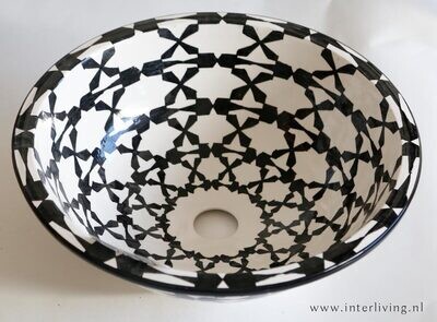 Marokkaanse waskom met zwart witte kleurstelling (nr L628) - aardewerk (opbouw) wasbak uit Fez - Ø 40 cm