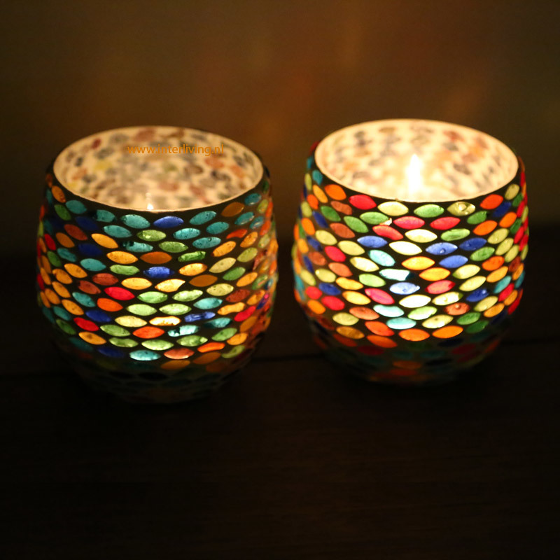 Twee stuks waxinehouders mozaiek multi colour seed design