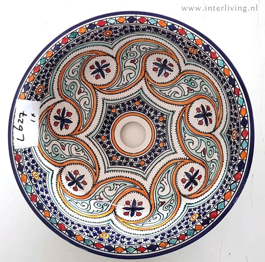 Marokkaanse waskom met gekleurde patronen - blauwe rand - (nr L627) - aardewerk (opbouw) wasbak uit Fez - Ø 40 cm