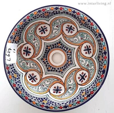 Marokkaanse waskom met gekleurde patronen - blauwe rand - (nr L627) - aardewerk (opbouw) wasbak uit Fez - Ø 40 cm