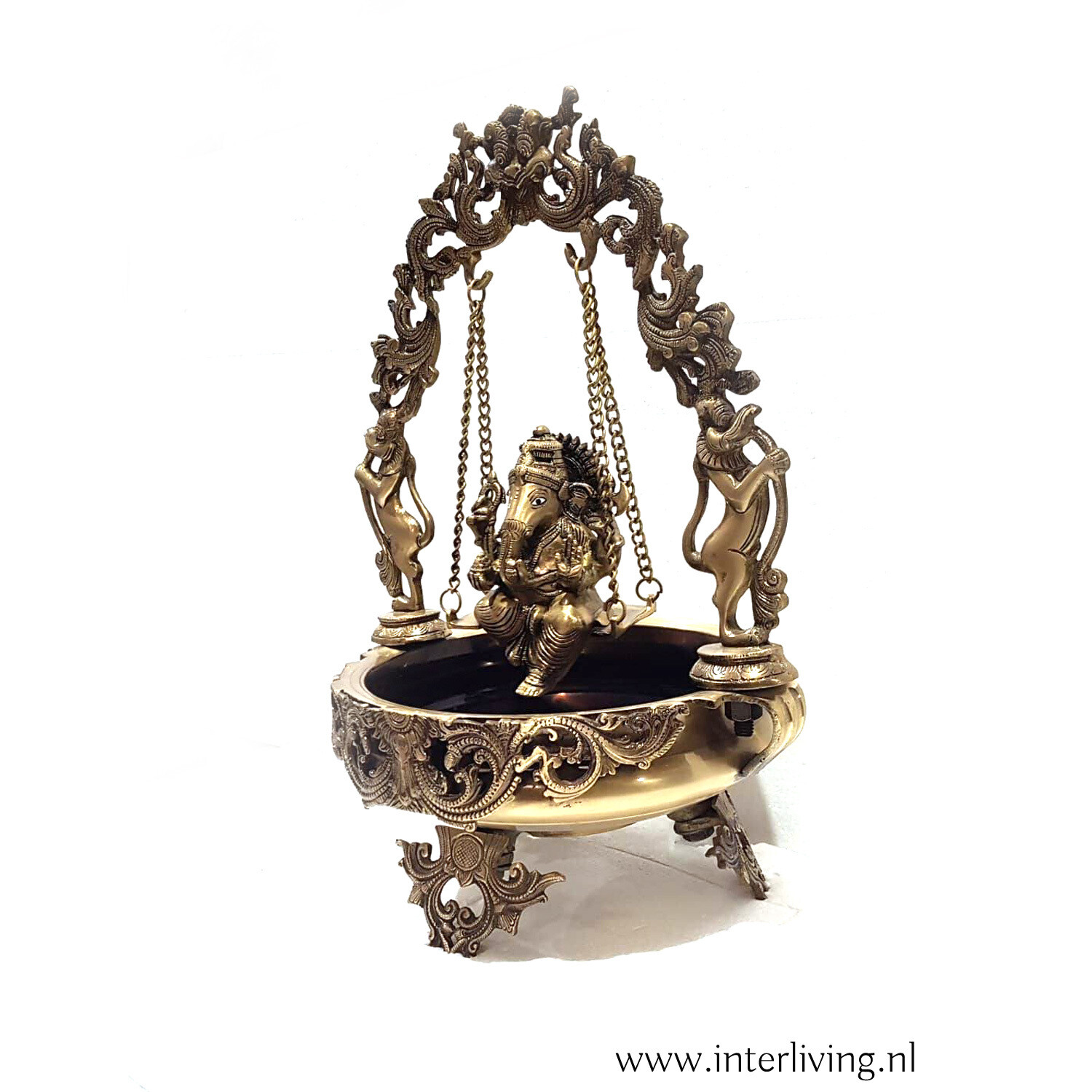 Bronzen standbeeld van de olifant lord Ganesh op schommel in schaal / kom - handgemaakte Hindoeïstische altaar decor 55 cm