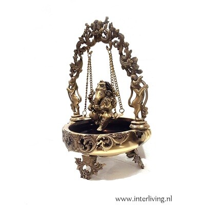 Bronzen standbeeld van de olifant lord Ganesh op schommel in schaal / kom - handgemaakte Hindoeïstische altaar decor 55 cm