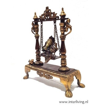 Bronzen standbeeld van de olifant lord Ganesh op schommel - handgemaakte Hindoeïstische altaar decor 33 cm