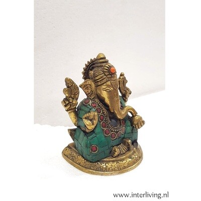 Bronzen standbeeldje van Hindoe olifantengod Ganesha - handgemaakt met gekleurde steentjes - ter decoratie in huis - XS  11 cm