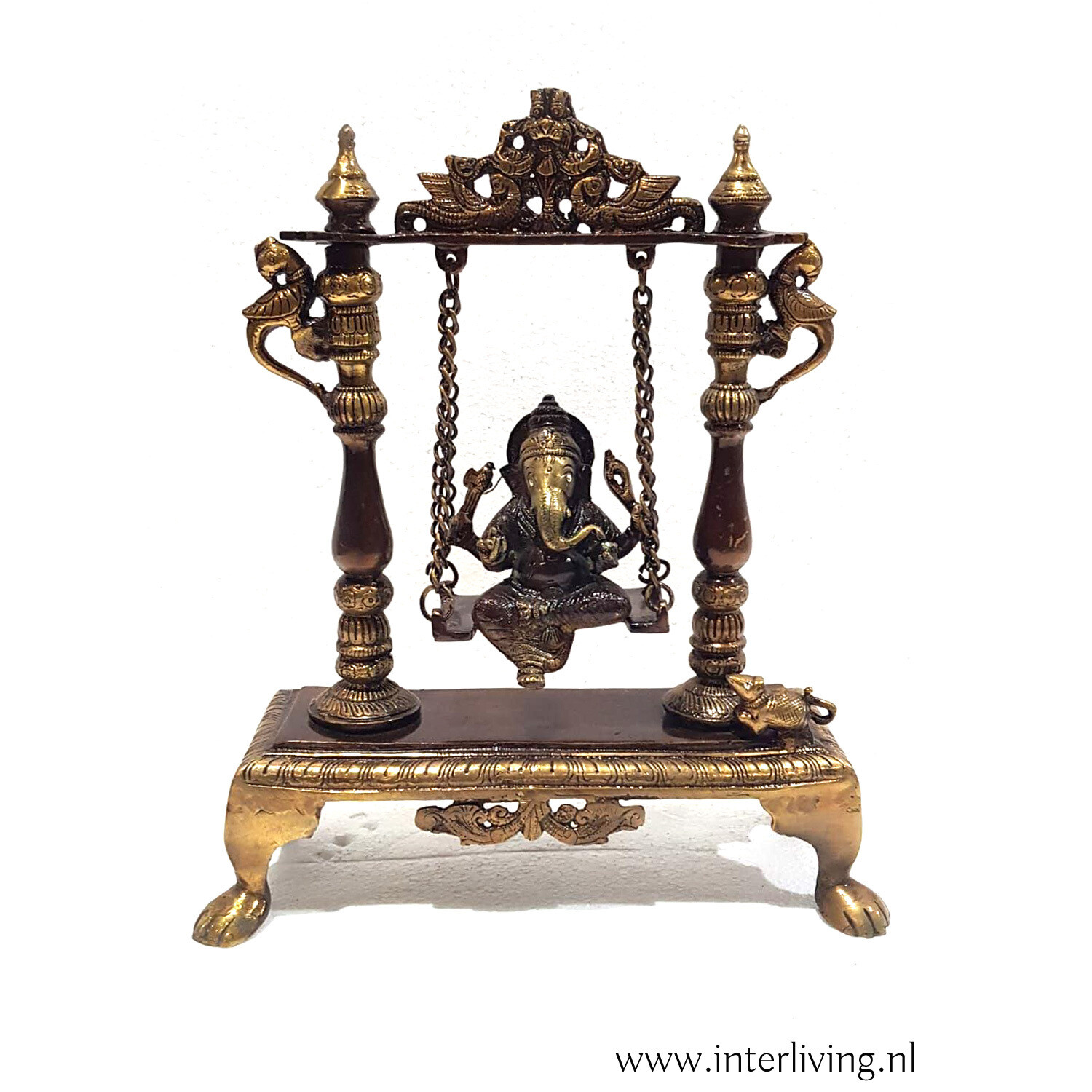Bronzen standbeeld van de olifant lord Ganesh op schommel - handgemaakte Hindoeïstische altaar decor 33 cm