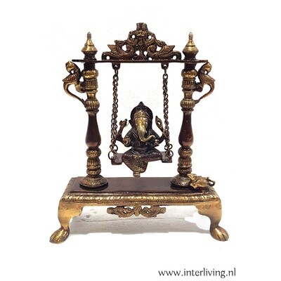 Bronzen standbeeld van de olifant lord Ganesh op schommel - handgemaakte Hindoeïstische altaar decor 33 cm