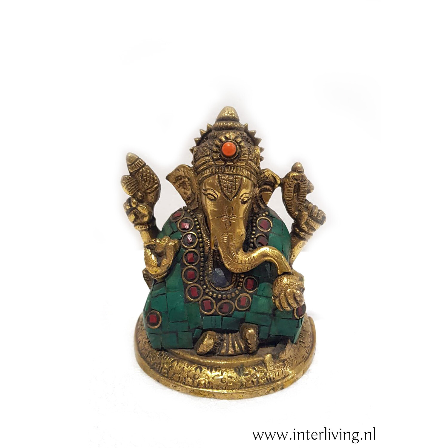 Bronzen standbeeldje van Hindoe olifantengod Ganesha - handgemaakt met gekleurde steentjes - ter decoratie in huis - XS  11 cm