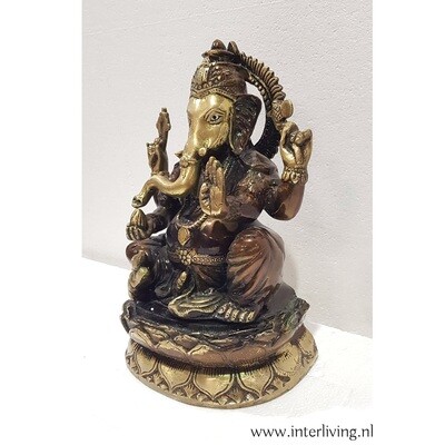 Ganesh beeld van brons -decoratief beeld van de olifant lord Ganesha zittend op een lotus ornament - handgemaakte uit India
