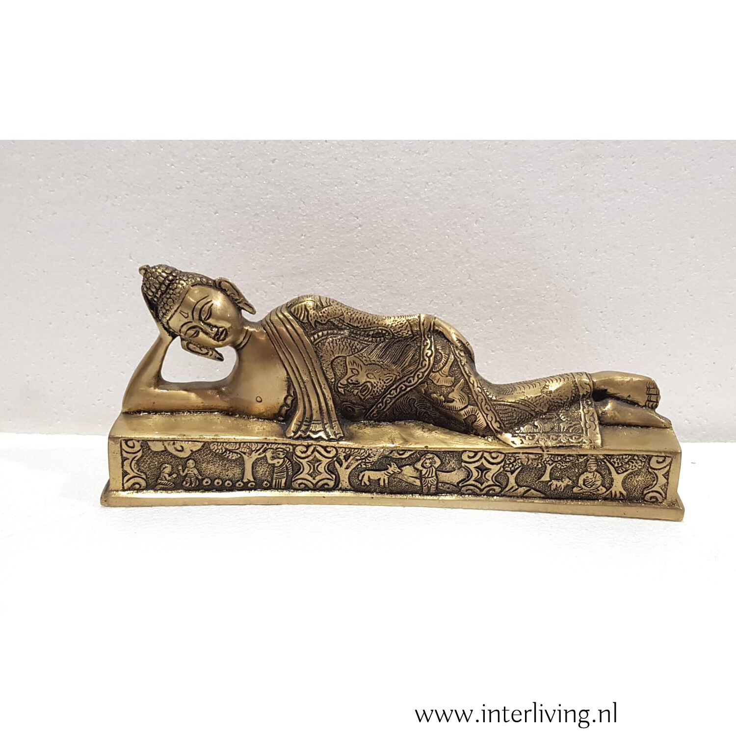 gips Spreekwoord strijd Boeddha liggend beeld -29 cm - massief brons met rijke versieringen -  ondersteunt zijn hoofd