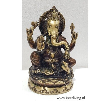 Ganesh beeld van brons -decoratief beeld van de olifant lord Ganesha zittend op een lotus ornament - handgemaakte uit India