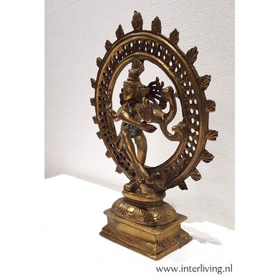 Shiva - massief bronzen standbeeld op sokkel - dansend met krans en vier armen - 28 cm  - decoratief &amp; handgemaakt uit India (2,7 kilo)