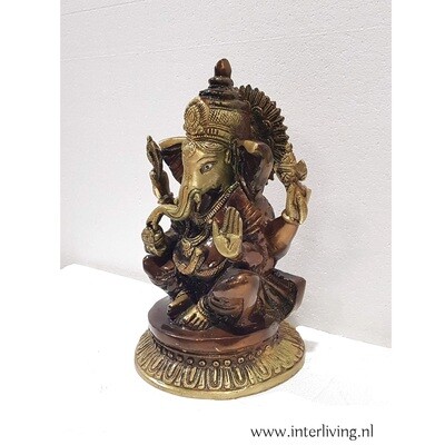 Ganesha beeld van massief brons- vintage standbeeld van de spirituele hindoe olifant-god zittend op een lotus decor - handgemaakte en gepatineerd 32 cm