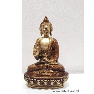 Boeddha beeldje  -decoratief massief brons: 19 cm  -  bruin patina -  mediterend zittend op een lotus met mudra handgebaar