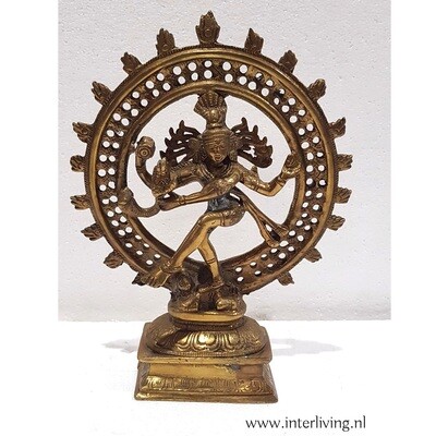 Shiva - massief bronzen standbeeld op sokkel - dansend met krans en vier armen - 28 cm  - decoratief & handgemaakt uit India (2,7 kilo)