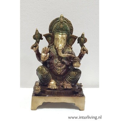 Ganesh beeld van brons -decoratief beeld van de olifant lord Ganesha zittend met decoratieve kleuren gepatineerd  - handgemaakte uit India