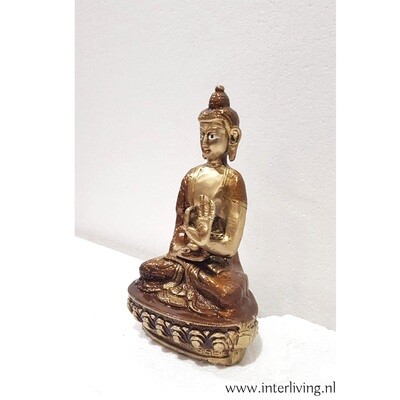 Boeddha beeldje  -decoratief massief brons: 19 cm  -  bruin patina -  mediterend zittend op een lotus met mudra handgebaar