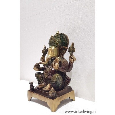 Ganesh beeld van brons -decoratief beeld van de olifant lord Ganesha zittend met decoratieve kleuren gepatineerd  - handgemaakte uit India