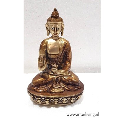 Boeddha beeldje  -decoratief massief brons: 20 cm  -  bruin patina -  mediterend zittend op een lotus met mudra handgebaar