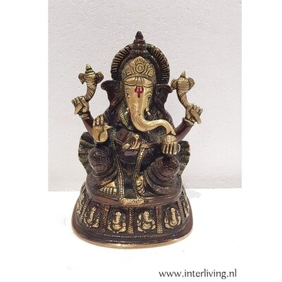 Ganesha beeldjes van massief brons- spirituele hindoe god van wijsheid en kennis met vier handen - handgemaakte en gepatineerd 21 cm