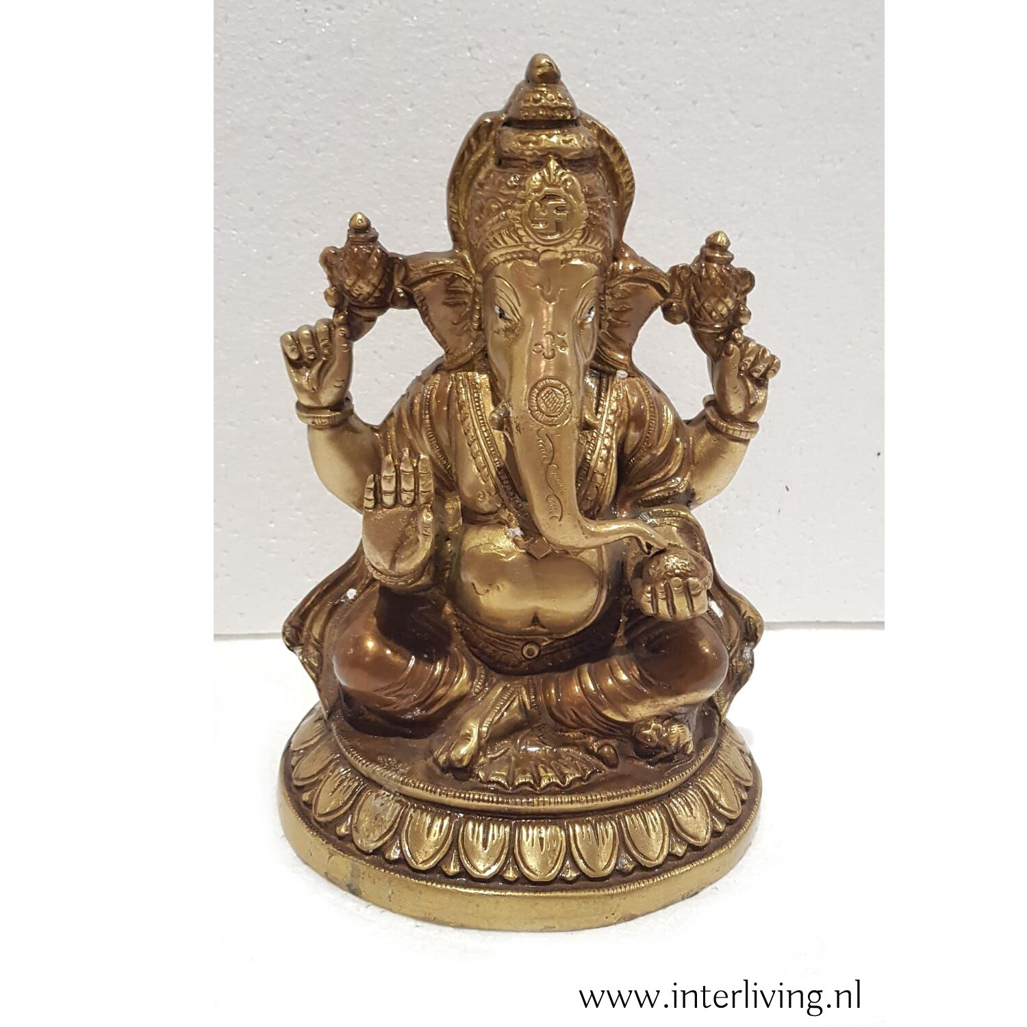 Ganesha beeldjes van massief brons- spirituele hindoe god van wijsheid en kennis met vier handen - handgemaakte en gepatineerd 21 cm, maat: 21 cm hoog x 15 cm / gewicht 2,6 kilo