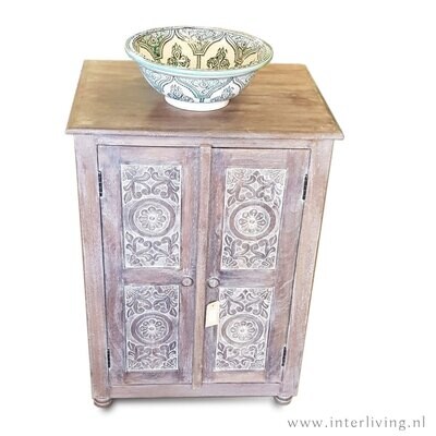 twee deurs dressoir / badkamermeubel - grey washed met lotus houtsnijwerk 90 x 80 x 50 cm